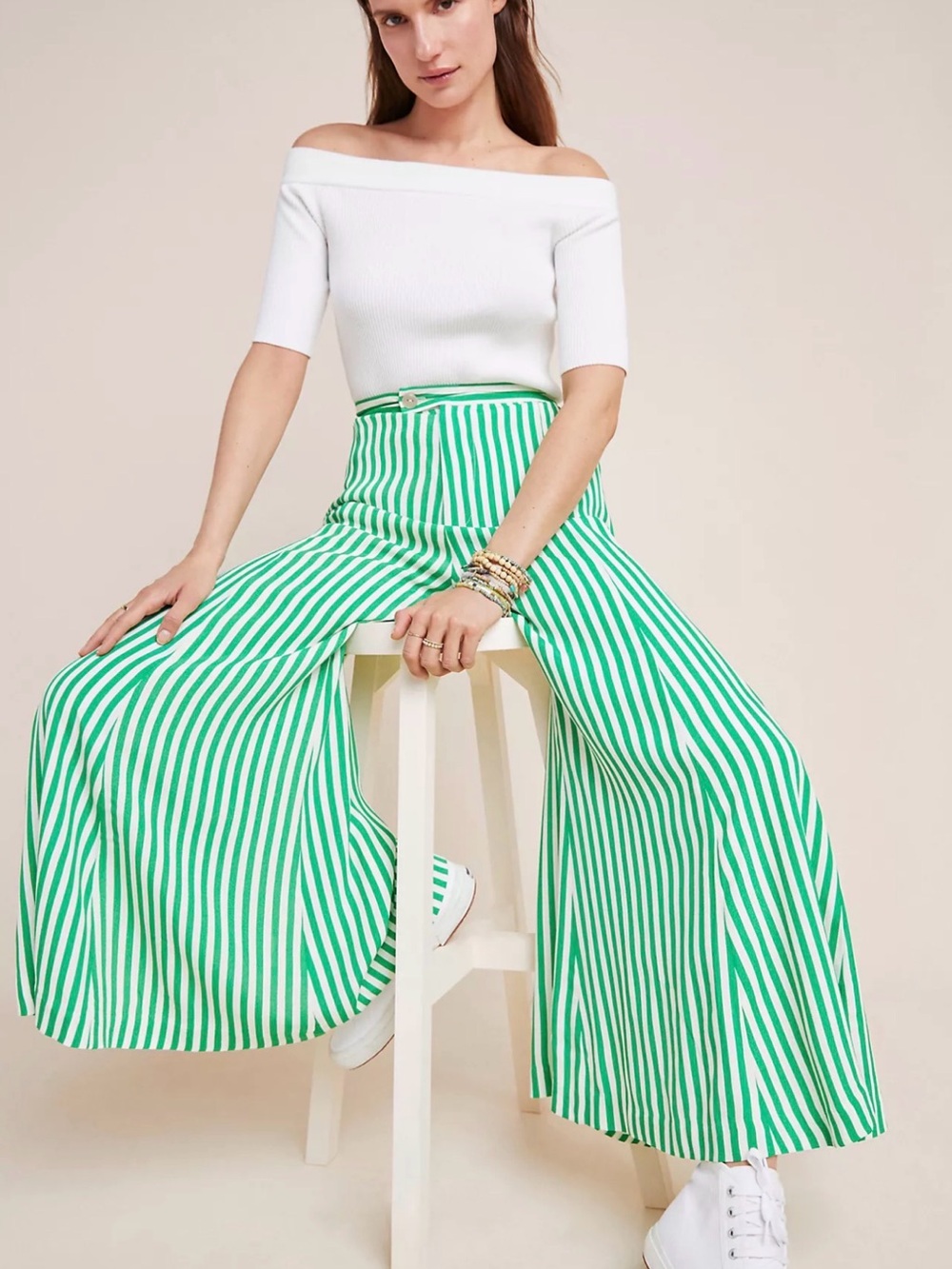 Anthropologie Mackenzie Striped Wide-Leg Pants sz 8 wide flowy green striped